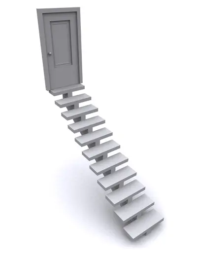 Grey 3D staircase of floating steps leading up to a closed door on white