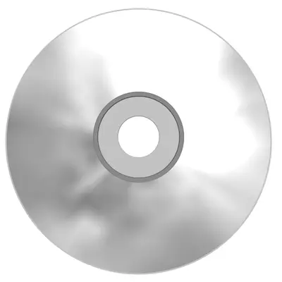 Top view of a silver-grey compact disc with a central hole on a white background
