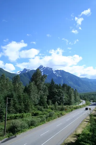 Highway through evergreen forest leading toward snow-capped mountains under blue sky