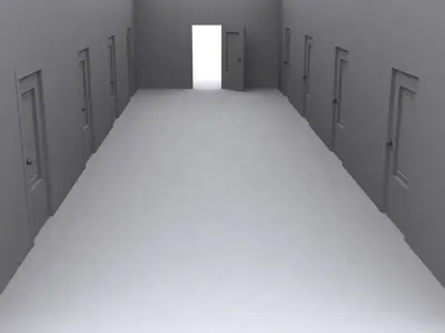 Grey 3D hallway lined with closed doors and one open door at the end glowing white