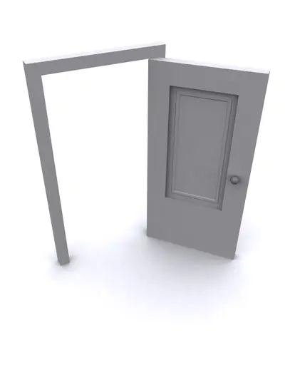 3D rendered grey panelled door standing open next to an empty door frame on white