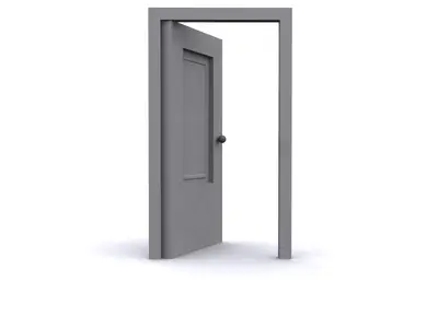 Open grey 3D door in a frame revealing white space beyond