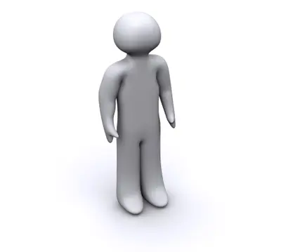 Featureless grey 3D human figure standing on a white background