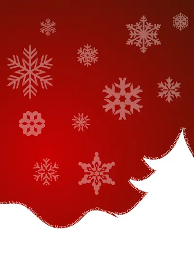 Red Christmas poster design with white snowflakes and a white tree silhouette with Merry Christmas text