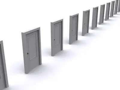 Row of identical grey 3D doors in a curved line receding into the distance on white