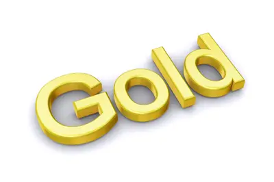 The word Gold in shiny golden 3D letters on a white background