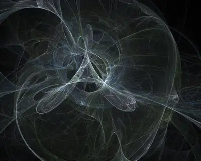 Delicate silver and blue fractal curves forming a web pattern on a dark background