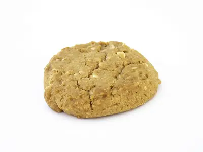 Single golden-brown oatmeal cookie on a white background