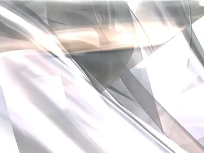Abstract white and grey translucent glass-like shapes with soft peach light streaks