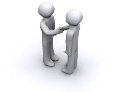 Two grey faceless 3D figures shaking hands on a white background