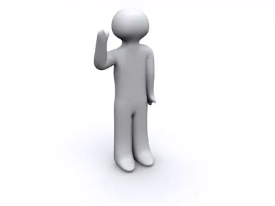 Grey faceless 3D figure waving one hand on a white background