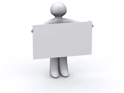 White 3D character holding a large blank sign in front of its body