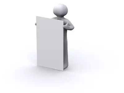 White 3D figure standing behind a blank white sign board on a white background