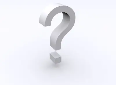 Large white 3D question mark on a pale background