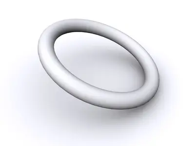 Smooth white 3D torus ring tilted above a soft shadow on a white background